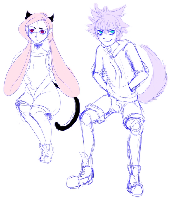 Cat Girl and Wolf Boy Sketch by noshylover